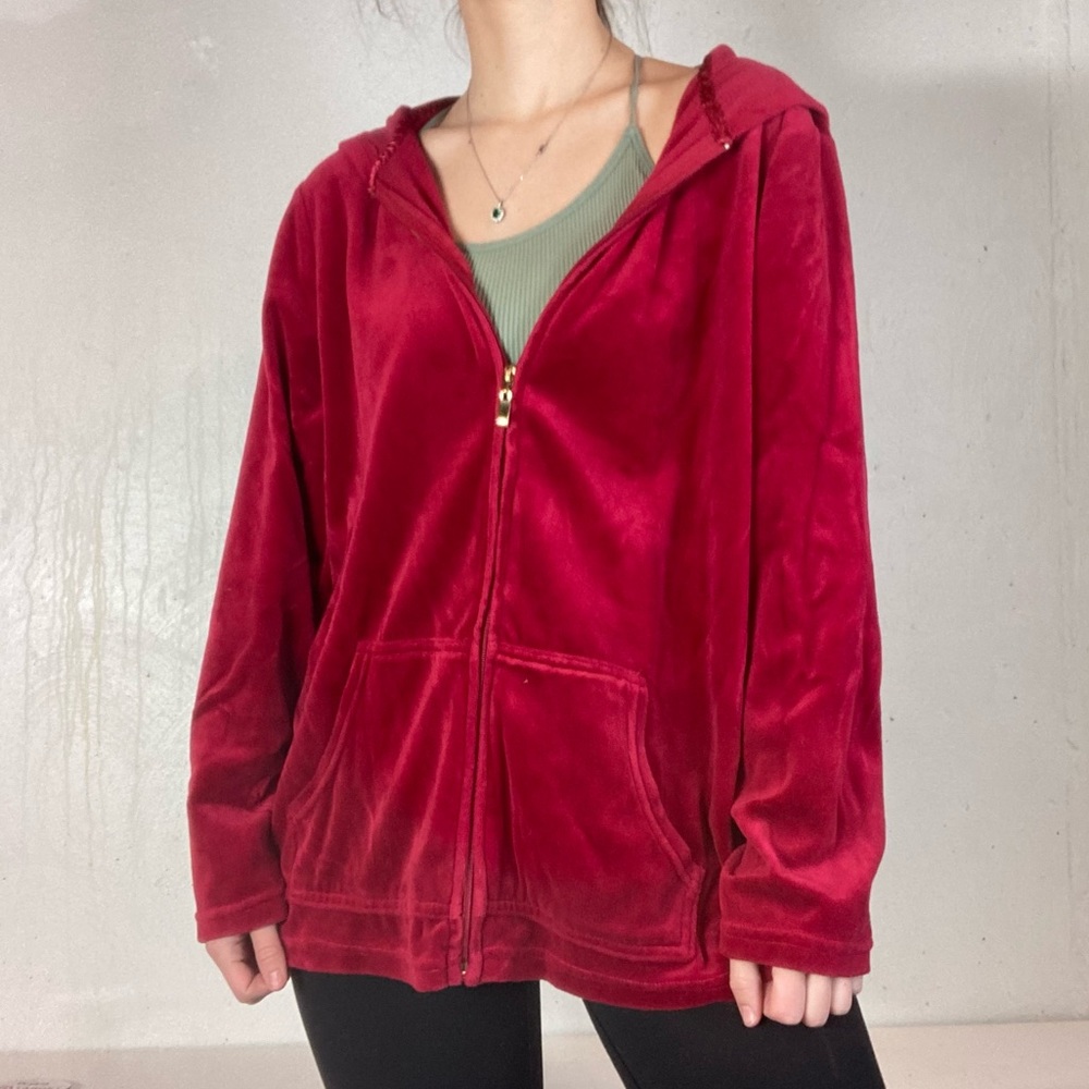 Vintage Bright Red Full Zip Velvet Hooded Sweatshirt